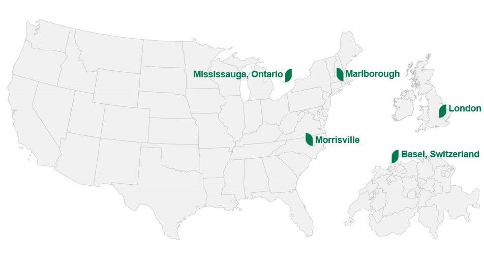 Illustration of map of USA and Switzerland featuring cities for the locations that Sumitomo Pharma America operates.